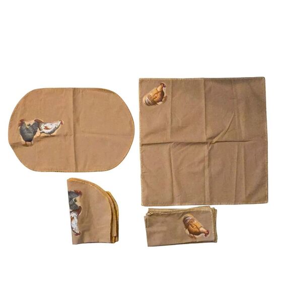 Vintage Brown Placemats & Napkin Set Of 4 Each Chickens - Picture 1 of 6